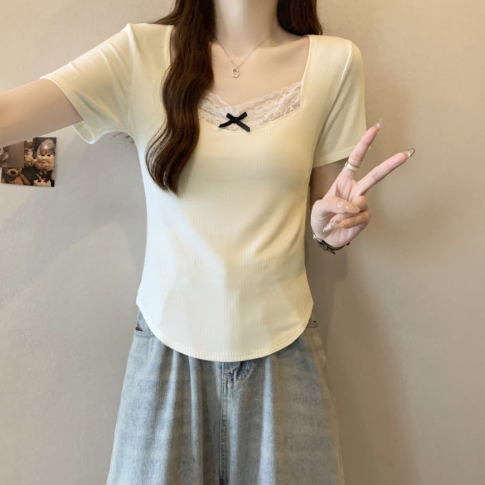2025 Lace Bow Short-Sleeved T-Shirt Women'S Chic Niche Pure Cotton Top Sweet Fresh Instagram Style Trendy - Image 1