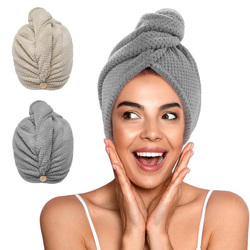YFONG 2 Pack Microfiber Hair Towel Wrap for Women Super Absorbent Quick Dry Hair Turban for All Hair Style Anti Frizz Large Hair Drying Towel with Button