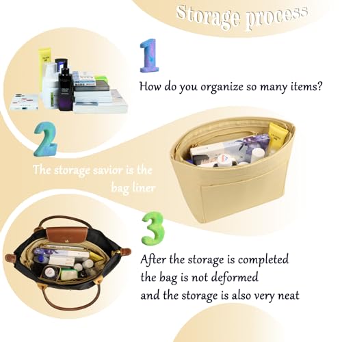 Lckaey Purse Organizer Insert for Longchamp Le Pliage Handbags Insert Felt Organizer1014beige-M - Image 3