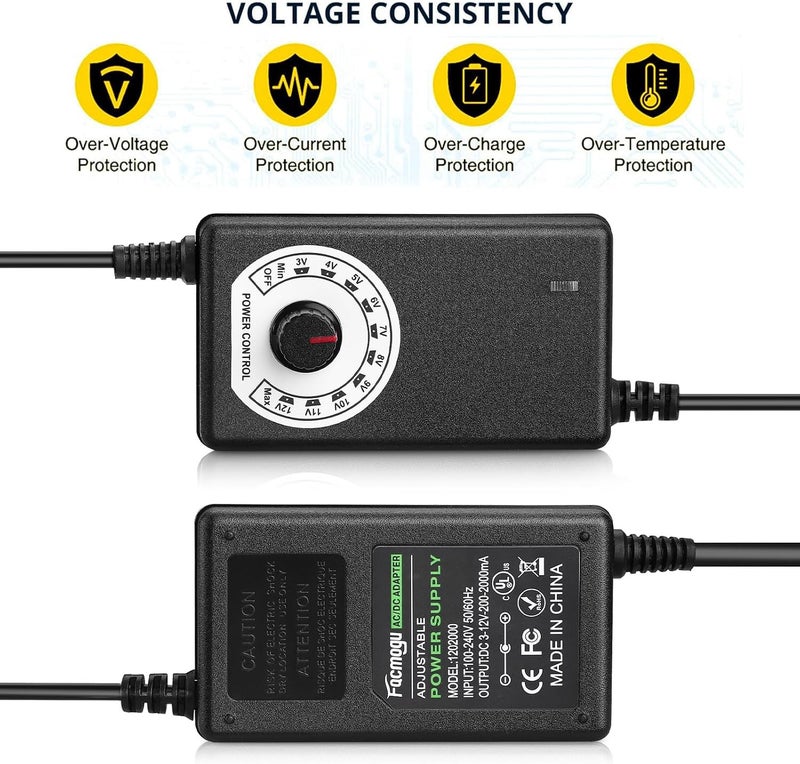 فاكموغو مزود طاقة قابل للتعديل من AC إلى DC، محول طاقة 100-240V AC إلى 3-12V DC 24W مع تحكم في السرعة، محول تيار متردد/تيار مستمر عالمي متغير DC 3V 5V 9V 12V، محول منظم متعدد الجهد لتزويد طاقة المروحة - Image 4