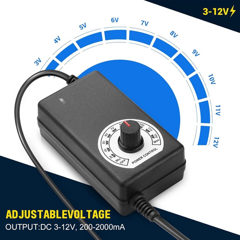 فاكموغو مزود طاقة قابل للتعديل من AC إلى DC، محول طاقة 100-240V AC إلى 3-12V DC 24W مع تحكم في السرعة، محول تيار متردد/تيار مستمر عالمي متغير DC 3V 5V 9V 12V، محول منظم متعدد الجهد لتزويد طاقة المروحة - Image 3