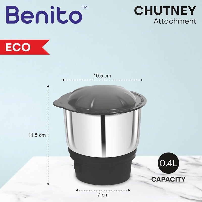 Benito ECO Stainless Steel Chutney Jar(400ml) for Mixer Grinder – Compatible with 4-Teeth Coupler & Dual Locking System - Image 2