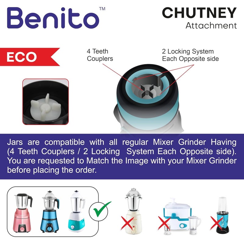 Benito ECO Stainless Steel Chutney Jar(400ml) for Mixer Grinder – Compatible with 4-Teeth Coupler & Dual Locking System - Image 4
