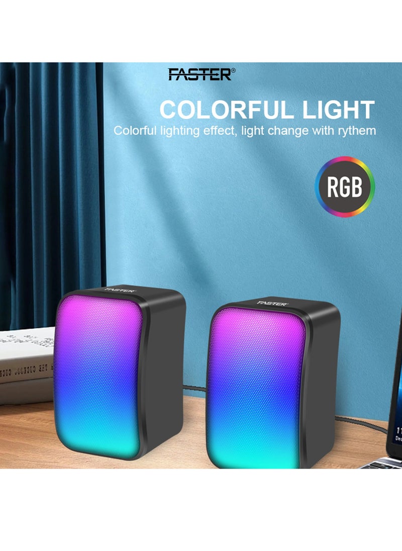 فاستر مكبرات صوت كمبيوتر تعمل بمنفذ USB FS-71 مع مصابيح LED RGB - مدخل AUX 3.5 مم، صوت ستيريو متعدد الوسائط للألعاب والكمبيوتر الشخصي وسطح المكتب والكمبيوتر المحمول والأجهزة المحمولة - خرج قوي وصوت عميق وغني  - Image 1