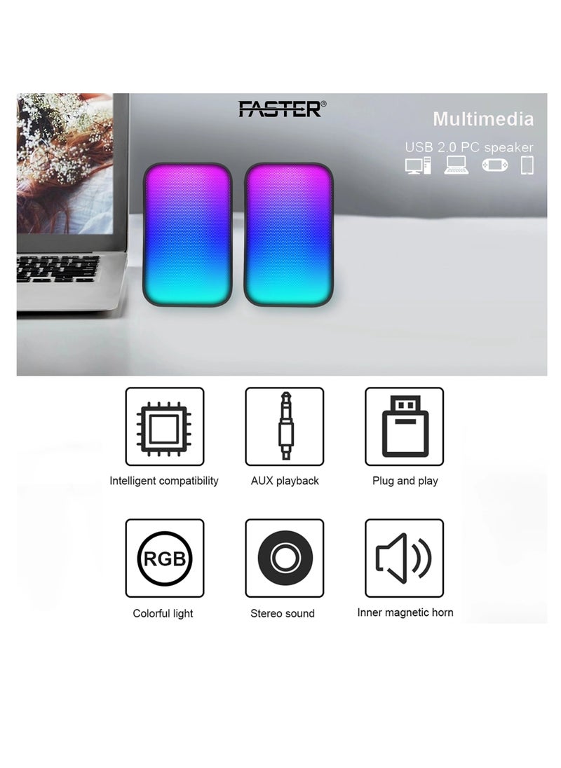 فاستر مكبرات صوت كمبيوتر تعمل بمنفذ USB FS-71 مع مصابيح LED RGB - مدخل AUX 3.5 مم، صوت ستيريو متعدد الوسائط للألعاب والكمبيوتر الشخصي وسطح المكتب والكمبيوتر المحمول والأجهزة المحمولة - خرج قوي وصوت عميق وغني  - Image 4