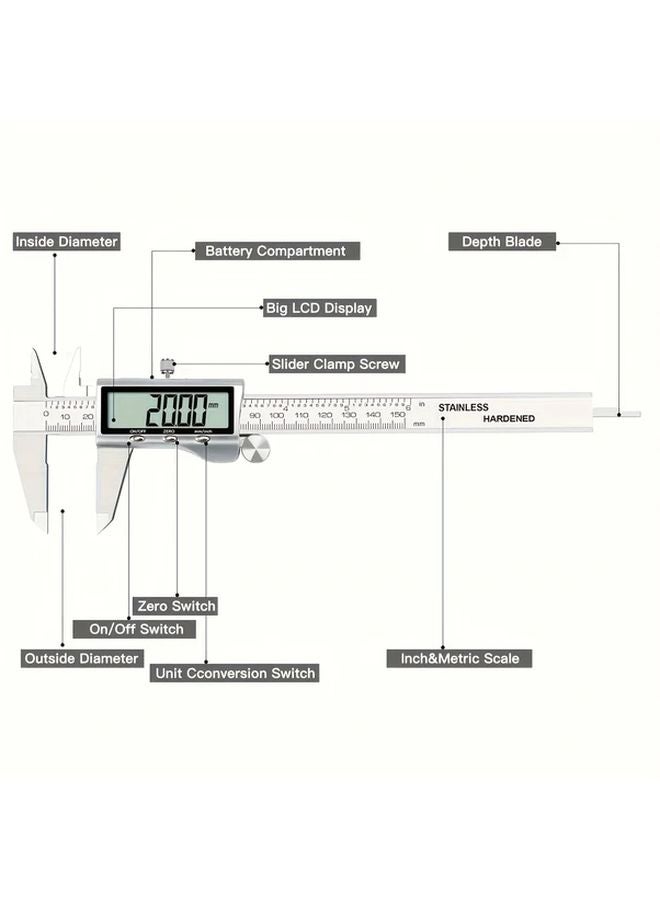 068SJ فرجار رقمي 6 بوصة 150 ملم شاشة LCD عرض من الفولاذ المقاوم للصدأ تحويل القياسات الإمبراطورية والمترية - Image 4