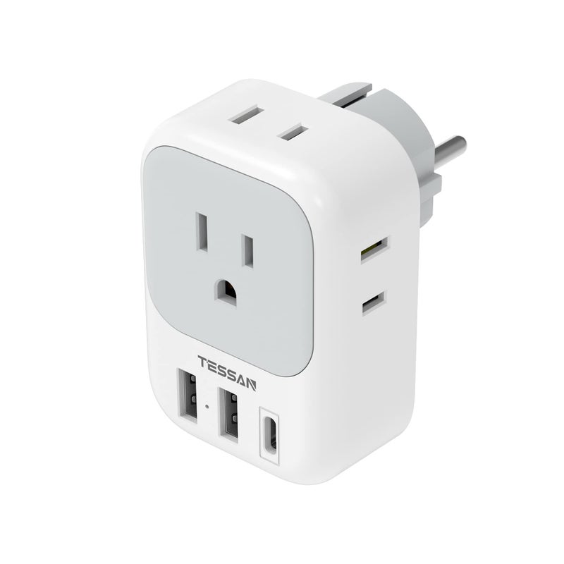 TESSAN Type E F Plug Adapter, Germany France Power Adapter with 3 USB Ports(1 USB C), 4 AC Outlets Travel Adaptor for US to Europe EU Spain Iceland Korea Greece Russia German French - Image 1