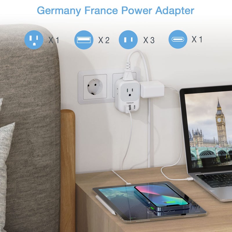 TESSAN Type E F Plug Adapter, Germany France Power Adapter with 3 USB Ports(1 USB C), 4 AC Outlets Travel Adaptor for US to Europe EU Spain Iceland Korea Greece Russia German French - Image 3