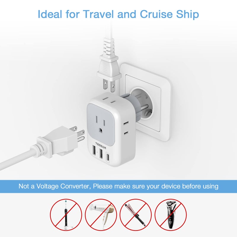 TESSAN Type E F Plug Adapter, Germany France Power Adapter with 3 USB Ports(1 USB C), 4 AC Outlets Travel Adaptor for US to Europe EU Spain Iceland Korea Greece Russia German French - Image 5