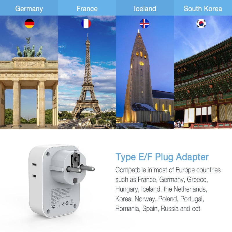 TESSAN Type E F Plug Adapter, Germany France Power Adapter with 3 USB Ports(1 USB C), 4 AC Outlets Travel Adaptor for US to Europe EU Spain Iceland Korea Greece Russia German French - Image 2