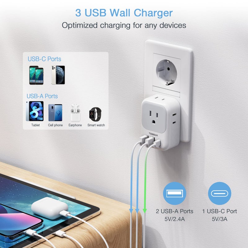 TESSAN Type E F Plug Adapter, Germany France Power Adapter with 3 USB Ports(1 USB C), 4 AC Outlets Travel Adaptor for US to Europe EU Spain Iceland Korea Greece Russia German French - Image 4