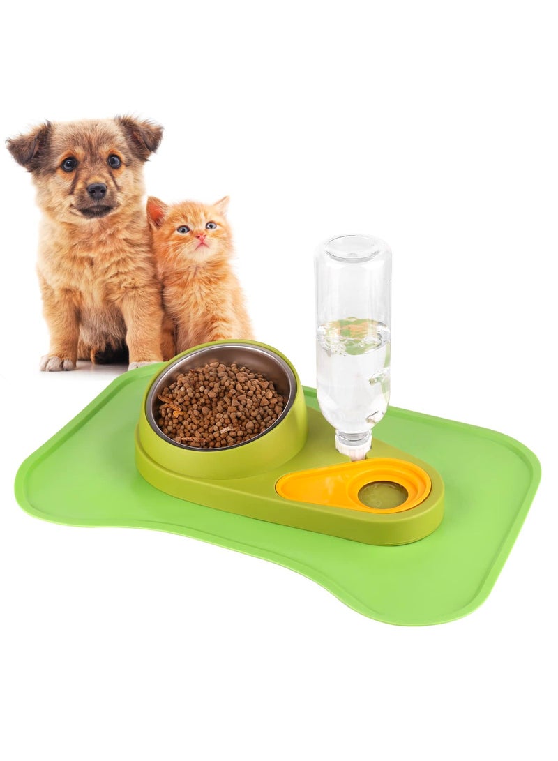 SYOSI Pet Feeder and Waterer, Detachable Pet Water and Food Bowl Set with Automatic Water Dispenser Bottle and Waterproof Feeding Mat for Small Dogs Cats (Green) - Image 1