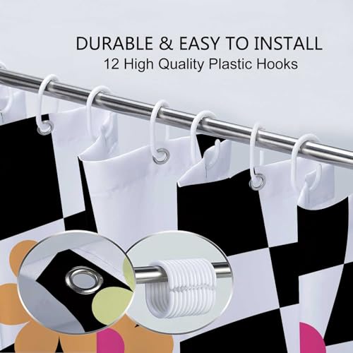 Uokiuki Black and White Groovy 70S Shower Curtain, Cute eclectic Retro Floral Checkered Aesthetic Shower curtain, Fun Funky Modern Hippie Boho Floral Fabric Y2K trendy Shower Curtain with Hooks, 70X70IN - Image 5