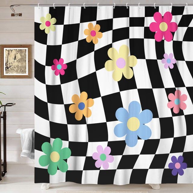 Uokiuki Black and White Groovy 70S Shower Curtain, Cute eclectic Retro Floral Checkered Aesthetic Shower curtain, Fun Funky Modern Hippie Boho Floral Fabric Y2K trendy Shower Curtain with Hooks, 70X70IN - Image 4
