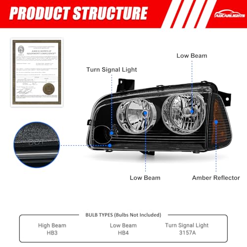ADCARLIGHTS Headlights Assembly for Dodge Charger 2006 2007 2008 2009 2010 OE Headlamp Replacement Pair Black Housing Amber Reflector Driver and Passenger Side（W/O Bulbs） - Image 2