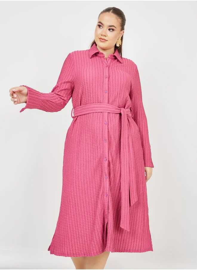 Styli Waffle Textured Shirt Midi Dress with Self Tie Up