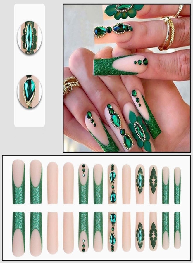 YoYoee Long Square Press on Nails Luxury French False Nails Green Flowers Nails Tips Full Cover Crystal Gem Design Fake Nails for Women and Girls 24PCS - Image 2