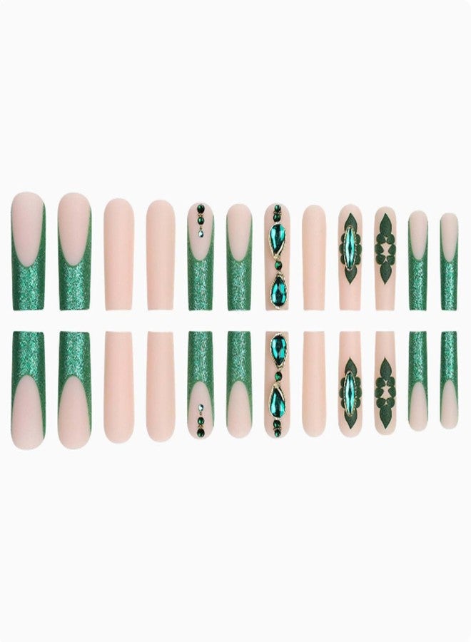 YoYoee Long Square Press on Nails Luxury French False Nails Green Flowers Nails Tips Full Cover Crystal Gem Design Fake Nails for Women and Girls 24PCS - Image 4