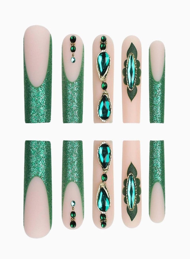 YoYoee Long Square Press on Nails Luxury French False Nails Green Flowers Nails Tips Full Cover Crystal Gem Design Fake Nails for Women and Girls 24PCS - Image 3