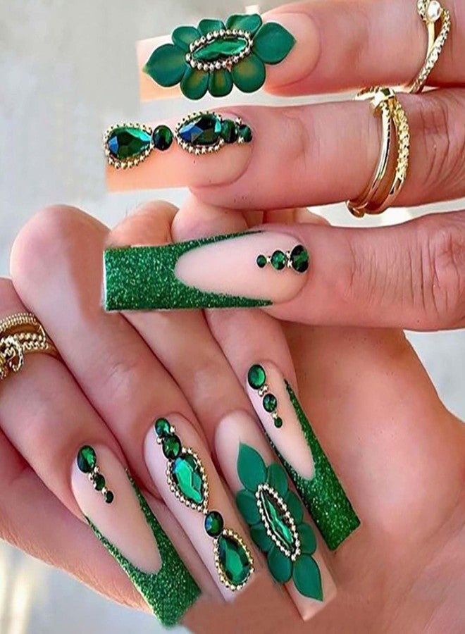 YoYoee Long Square Press on Nails Luxury French False Nails Green Flowers Nails Tips Full Cover Crystal Gem Design Fake Nails for Women and Girls 24PCS - Image 1