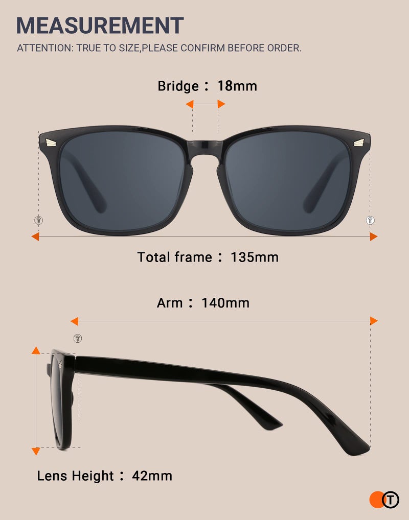 TIJN Polarized Sunglasses for Womens and Mens,Classic Square Frames Shades for UV Protection,Trendy Sunnies(Black/Grey) - Image 5