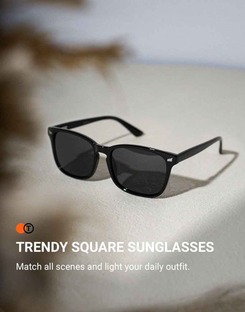 TIJN Polarized Sunglasses for Womens and Mens,Classic Square Frames Shades for UV Protection,Trendy Sunnies(Black/Grey) - Image 3