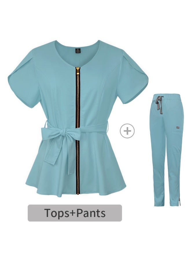 NIBEMINENT Hospital Short Sleeve Scrub Top And Bottom Set Women's Elastic Waist Band Surgical Scrub Uniform with Hand Washing Design - Image 1