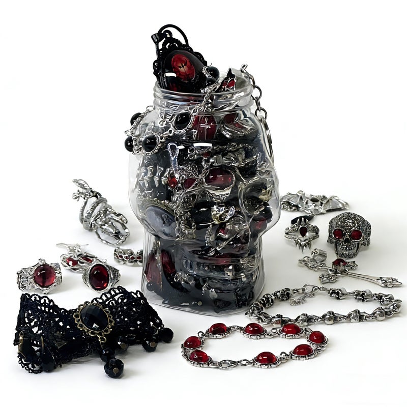 MINGRI Gothic Vampire Mystery Jewelry Jar, 30PCS Red & Black Necklaces,Rings & Earrings in Horror Skull Jar, Lolita Witchy Jewelry Set, Spooky Season Accessories,Unique Dark Theme Romantic Present for Women, Valentine's Day Birthday & Party Favor - Image 1