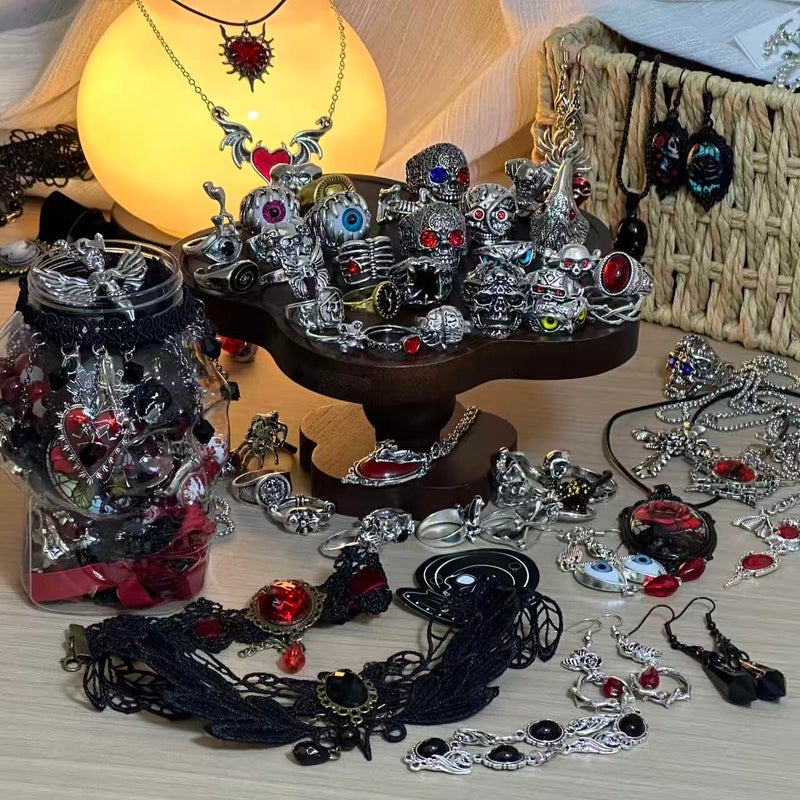 MINGRI Gothic Vampire Mystery Jewelry Jar, 30PCS Red & Black Necklaces,Rings & Earrings in Horror Skull Jar, Lolita Witchy Jewelry Set, Spooky Season Accessories,Unique Dark Theme Romantic Present for Women, Valentine's Day Birthday & Party Favor - Image 2