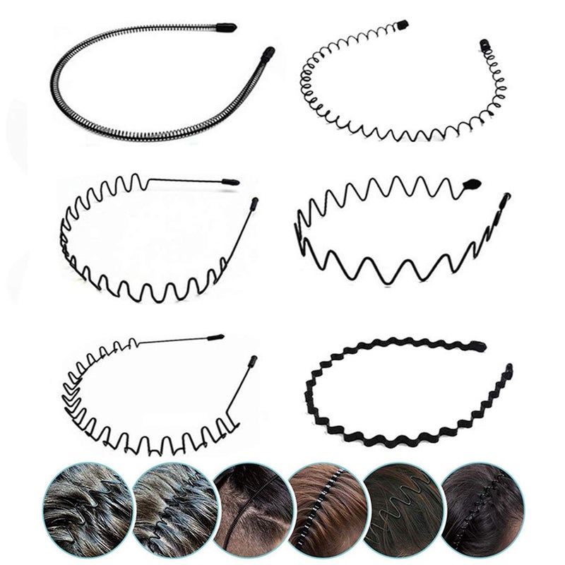 JERLITU Metal Hair Band - 6 Pieces Metal Headband for Men and Women, Adjustable, Durable, Wavy Hairband, Hair Bands for Sports, Fashion, Unisex, Black, Elastic, 6 Count - Image 1