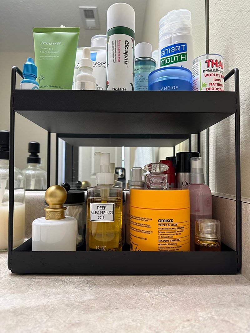 CR18 COLLECTION MULTIPUPOSE Bathroom Countertop Organizer, 2-Tier Vanity Tray Corner Shelf, Cosmetic Makeup Counter Standing Storage, Detachable Organizer Shelf Holder Kitchen(Black, Metal) - Image 3