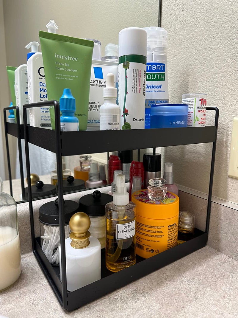 CR18 COLLECTION MULTIPUPOSE Bathroom Countertop Organizer, 2-Tier Vanity Tray Corner Shelf, Cosmetic Makeup Counter Standing Storage, Detachable Organizer Shelf Holder Kitchen(Black, Metal) - Image 1