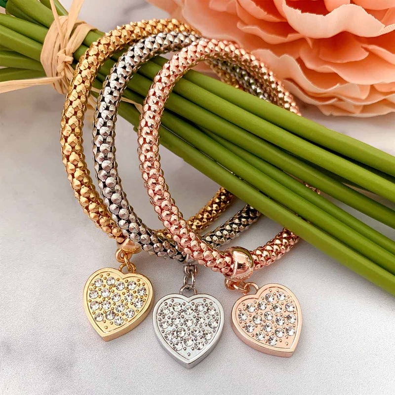 SILANER Crystal Charms Multilayer Bracelets - 3PCS Gold/Silver/Rose Gold Corn Chain Bracelet for Women, Tree of Life Heart Shaped Stretch Bracelet (PAVE CRYSTAL HEART CHARM) - Image 3
