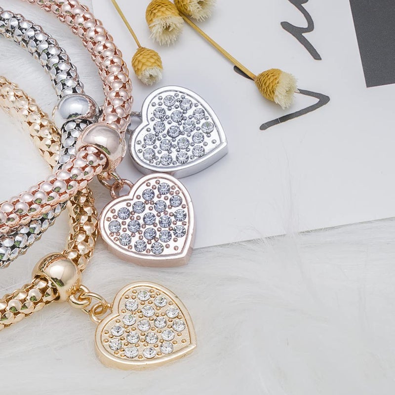 SILANER Crystal Charms Multilayer Bracelets - 3PCS Gold/Silver/Rose Gold Corn Chain Bracelet for Women, Tree of Life Heart Shaped Stretch Bracelet (PAVE CRYSTAL HEART CHARM) - Image 2