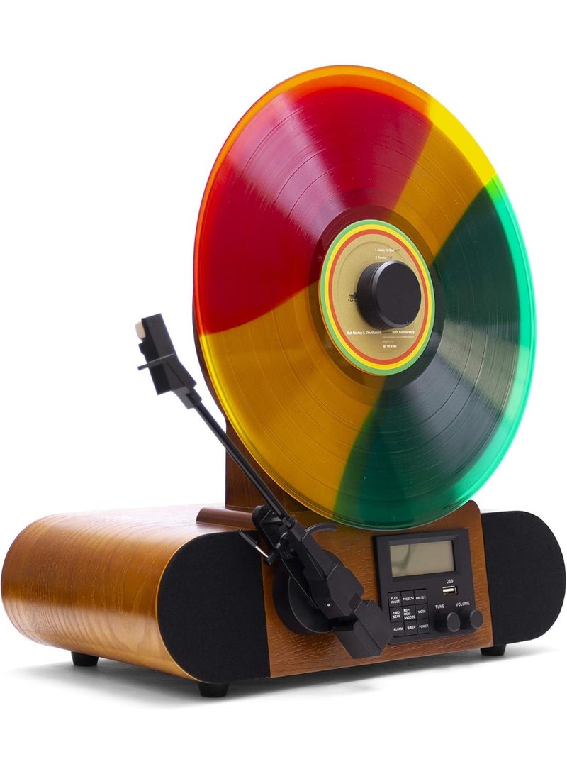 Fuse Vert Vertical Vinyl Record Player | FM Radio, Bluetooth, AUX, USB | Alarm Clock | Audio Technica Cartridge | Full Range Speakers | Vintage Mid Century Modern | Handcrafted Ashtree Wood - Image 1