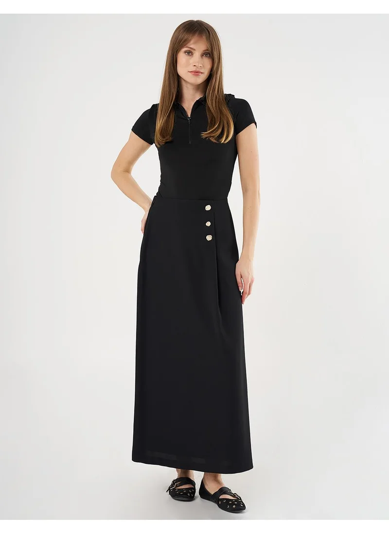 Kayra Gold Button High Waist Skirt Black
