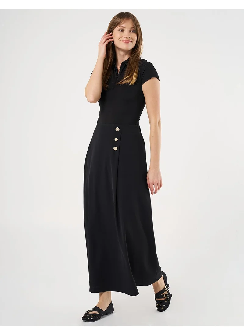 Kayra Gold Button High Waist Skirt Black