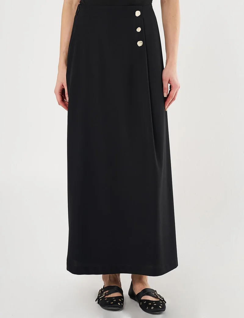 Kayra Gold Button High Waist Skirt Black