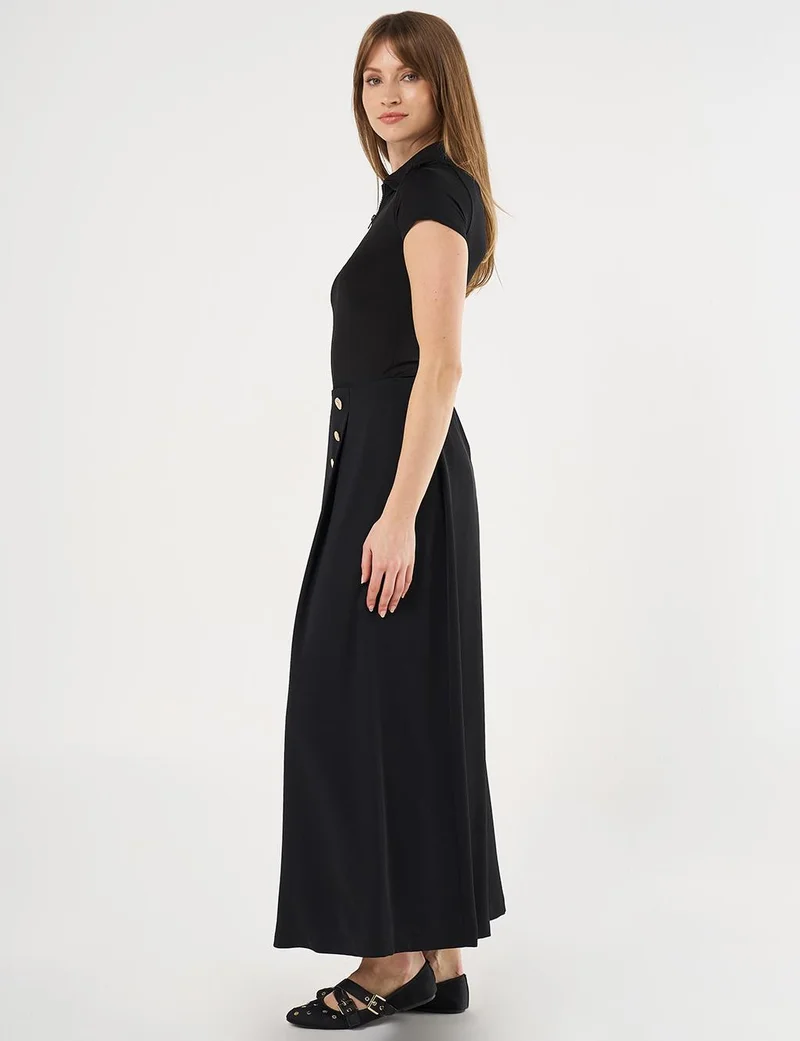 Kayra Gold Button High Waist Skirt Black