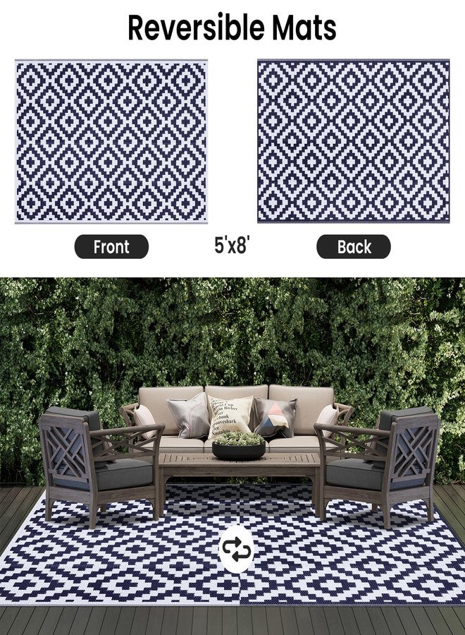 Smiry Waterproof Outdoor Rug 5x8 ft, Reversible Plastic Straw Patio Camping Rugs, Outdoor Indoor RV Mat Carpet for Patio, Outside Entry, Backyard, Deck, Bench, Picnic, Camper, White & Navy - Image 3