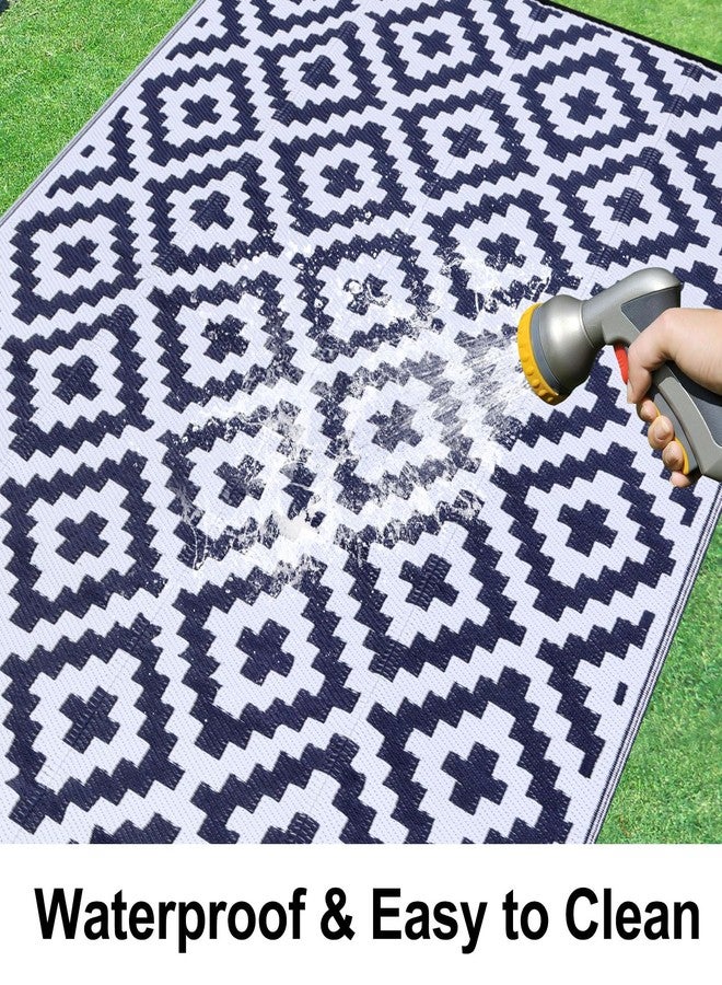 Smiry Waterproof Outdoor Rug 5x8 ft, Reversible Plastic Straw Patio Camping Rugs, Outdoor Indoor RV Mat Carpet for Patio, Outside Entry, Backyard, Deck, Bench, Picnic, Camper, White & Navy - Image 2