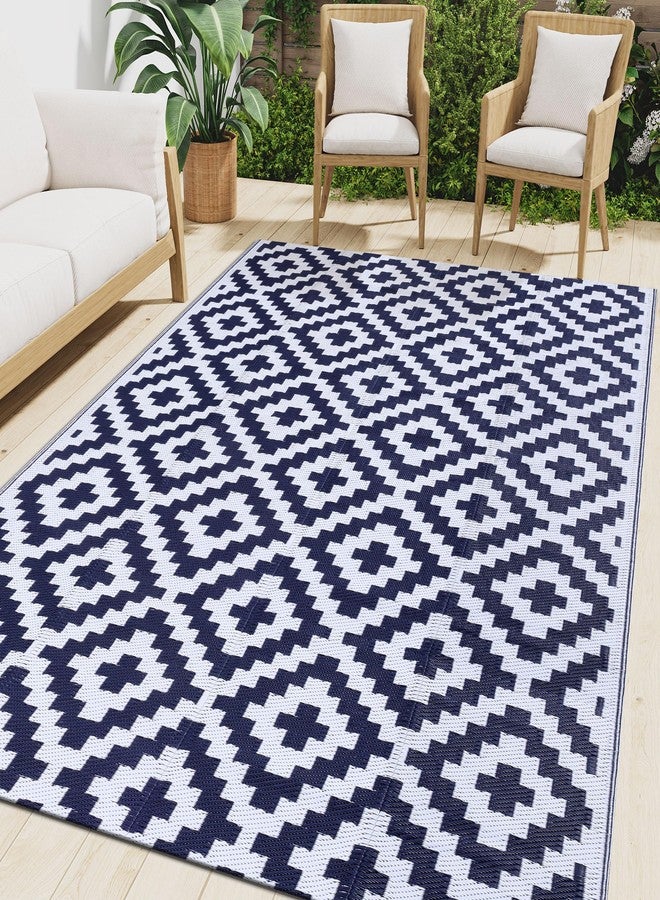 Smiry Waterproof Outdoor Rug 5x8 ft, Reversible Plastic Straw Patio Camping Rugs, Outdoor Indoor RV Mat Carpet for Patio, Outside Entry, Backyard, Deck, Bench, Picnic, Camper, White & Navy - Image 1