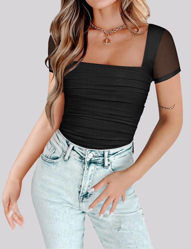 Chunpin Women's Square Neck Bodysuit Ruched Top Mesh Short Sleeve Bodysuits Thong Body Suits Leotard Shirt Going Out Black M - Image 4