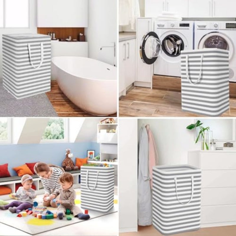 Collapsible Laundry Hamper Set, Grey Striped, PEVA Water Resistant, 75L x 2, With Reinforced Handles, Rigid Frame, Space Saving Storage for Bathroom, Bedroom, Dorm - Image 5