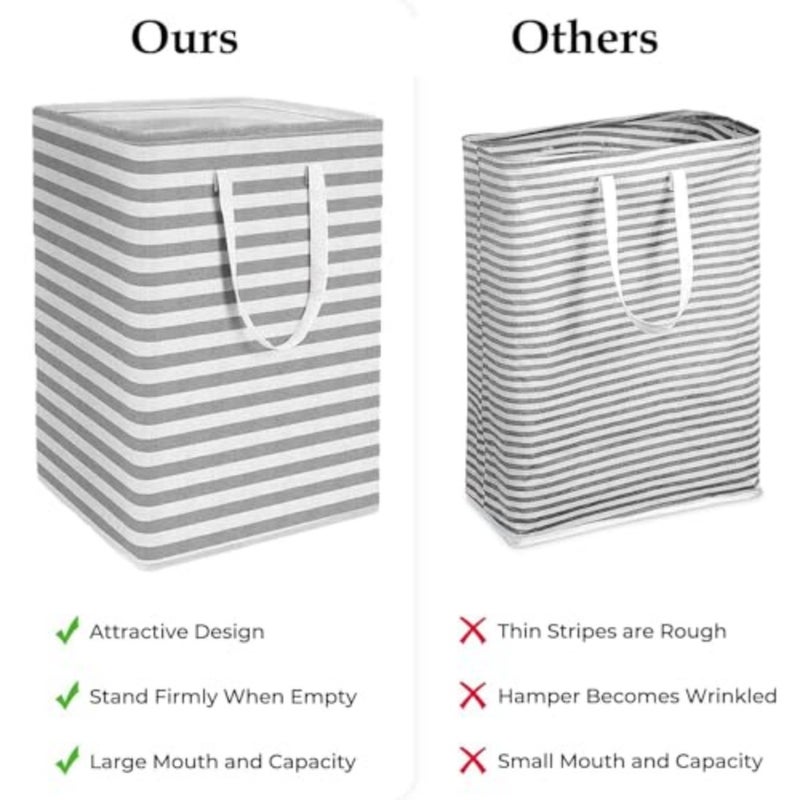 Collapsible Laundry Hamper Set, Grey Striped, PEVA Water Resistant, 75L x 2, With Reinforced Handles, Rigid Frame, Space Saving Storage for Bathroom, Bedroom, Dorm - Image 4