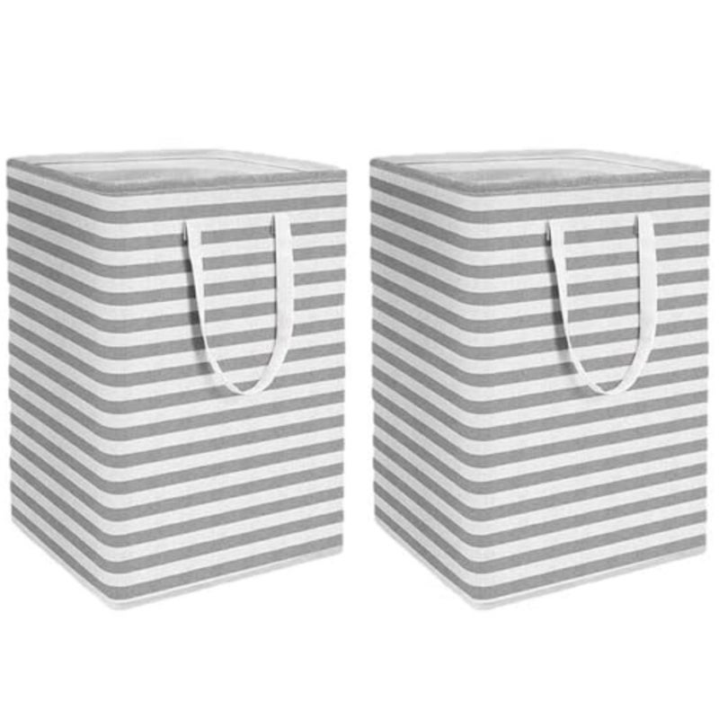 Collapsible Laundry Hamper Set, Grey Striped, PEVA Water Resistant, 75L x 2, With Reinforced Handles, Rigid Frame, Space Saving Storage for Bathroom, Bedroom, Dorm - Image 1