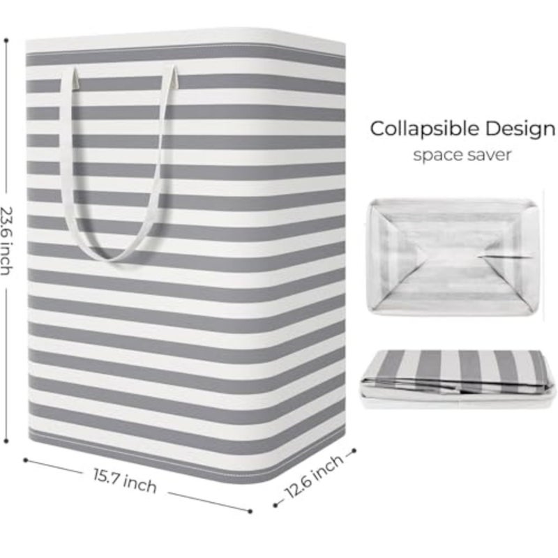 Collapsible Laundry Hamper Set, Grey Striped, PEVA Water Resistant, 75L x 2, With Reinforced Handles, Rigid Frame, Space Saving Storage for Bathroom, Bedroom, Dorm - Image 2