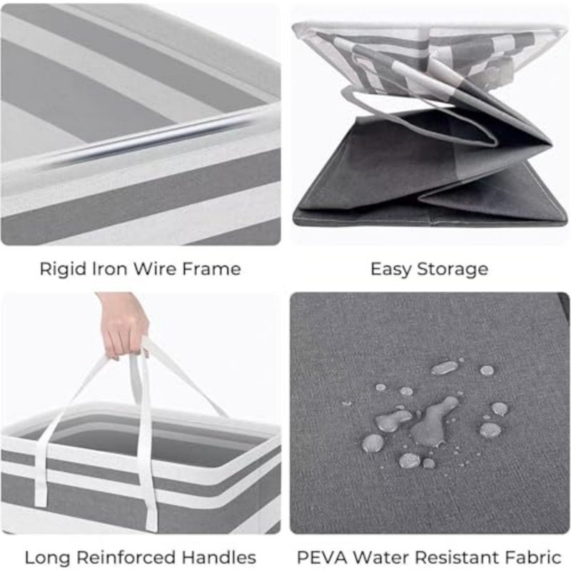 Collapsible Laundry Hamper Set, Grey Striped, PEVA Water Resistant, 75L x 2, With Reinforced Handles, Rigid Frame, Space Saving Storage for Bathroom, Bedroom, Dorm - Image 3