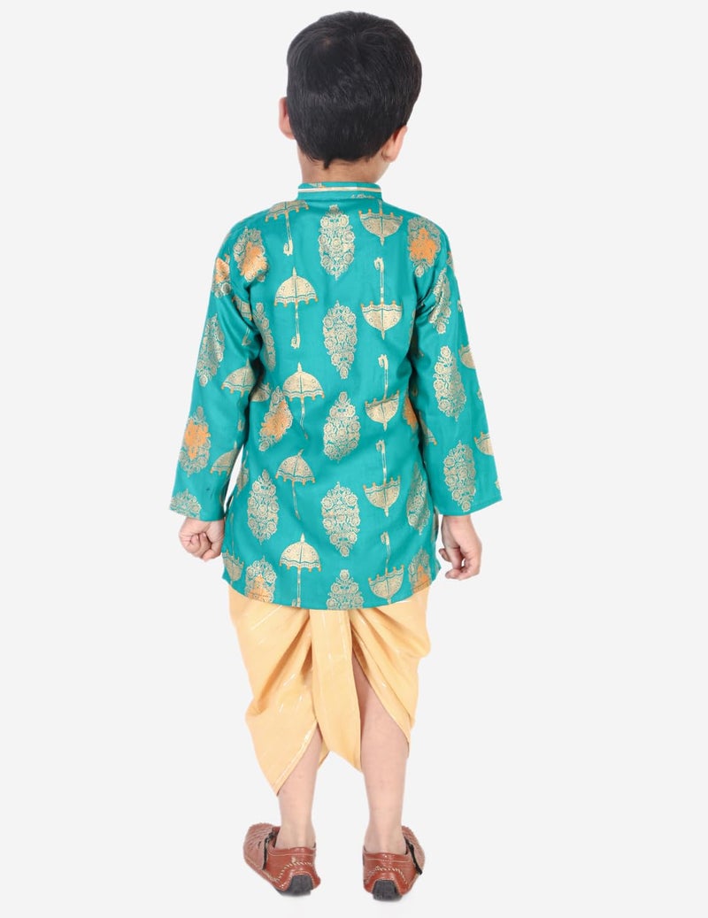superminis Boy's Golden Foil Printed Side Open Cotton Kurta, Round Collar, Full Sleeves With Cream Color Dhoti, Kurta Set (Green, 12-18 Months) - Image 3