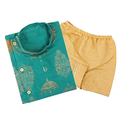 superminis Boy's Golden Foil Printed Side Open Cotton Kurta, Round Collar, Full Sleeves With Cream Color Dhoti, Kurta Set (Green, 12-18 Months) - Image 1